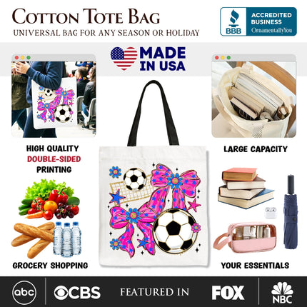 Soccer Coquette Pink Bow Tote Bag, Preppy Game Day Gift Shopper - Dashing Nova