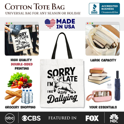 Sorry I'm Late Funny Lamb Tote Bag, Retro Dilly Dallying Gift Shopper for Quirky Women - Dashing Nova