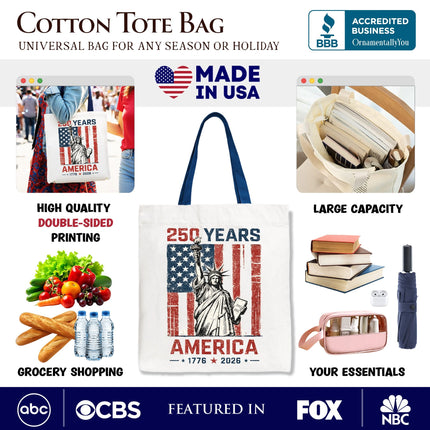 Statue of Liberty America Flag 250 Years Tote Bag, 4th of July USA Patriotic 1776–2026 Gift Shopper - Dashing Nova