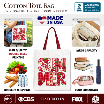 Strawberry Cherry Printed Faux Patchwork Tote Bag, Summer Fruit Picnic Gift Shopper - Dashing Nova