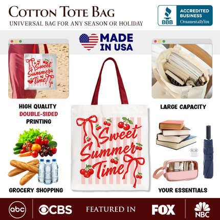 Striped Cherry Sweet Summer Time Tote Bag, Coquette Vacation Gift Shopper - Dashing Nova