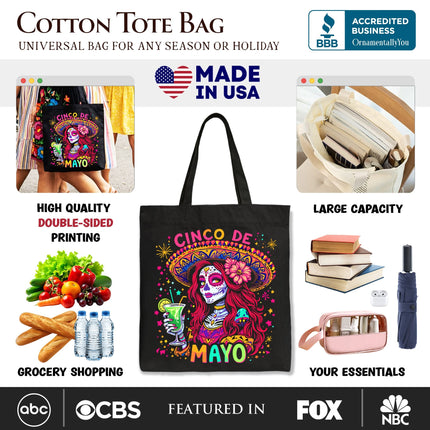 Sugar Skull Girl Cinco De Mayo Tote Bag, Mexican Margarita Sombrero Gift Shopper - Dashing Nova