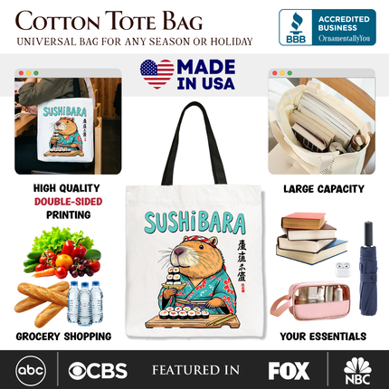 Sushibara Capybara Tote Bag, Funny Sushi Animal Gift Shopper - Dashing Nova