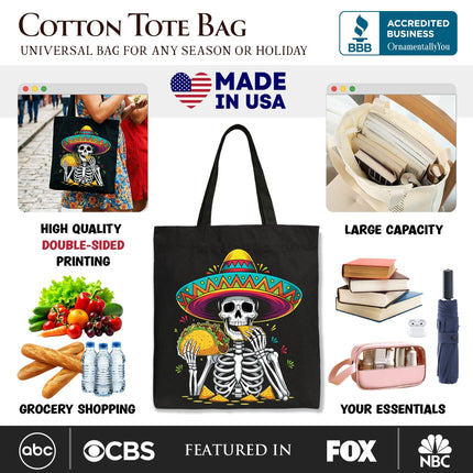 Taco Skeleton Cinco De Mayo Tote Bag, Funny Mexican Skull Sombrero Gift Shopper - Dashing Nova