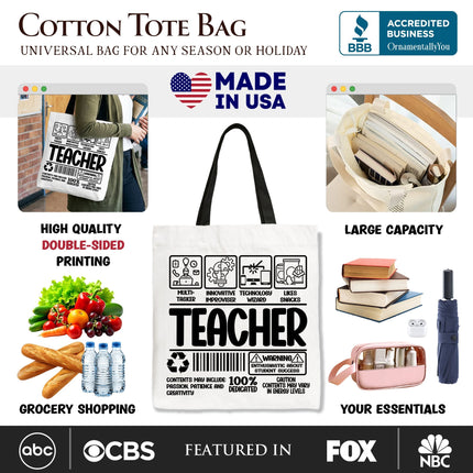 Teacher Label Tote Bag, Funny Barcode Gift Shopper for Dedicated Educators - Dashing Nova