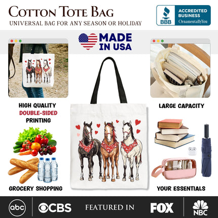 Valentine Horses Western Tote Bag, Cute Country Lover Gift Shopper - Dashing Nova