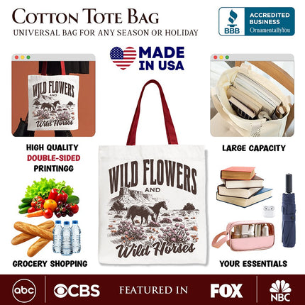 Wild Flowers and Wild Horses Canvas Tote Bag, Retro Western Gift for Free-Spirited Women