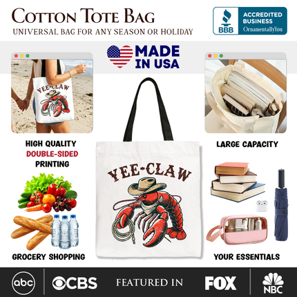 Yee Claw Lobster Western Tote Bag, Funny Cowboy Animal Gift Shopper - Dashing Nova