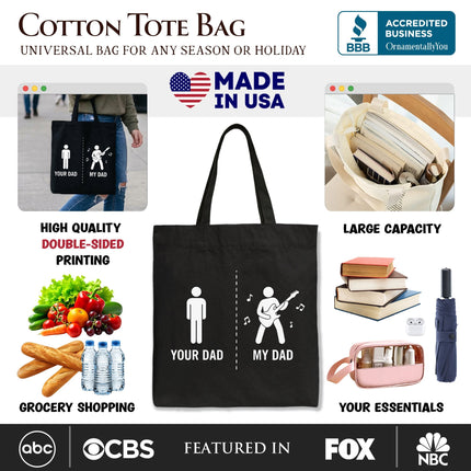 Your Dad Vs My Cool Dad Tote Bag, Funny Bass Guitar Rock Father's Day Gift Shopper - Dashing Nova
