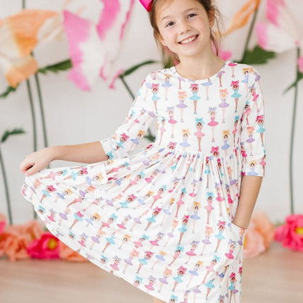Ballerina Bows 3/4 Sleeve Pocket Twirl Dress