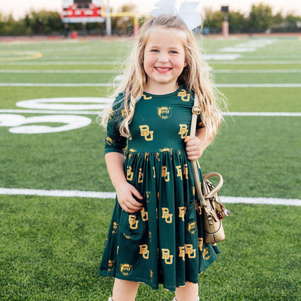 Baylor Green Bear 3/4 Sleeve Pocket Twirl Dress