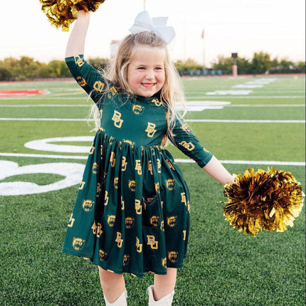 Baylor Green Bear 3/4 Sleeve Pocket Twirl Dress