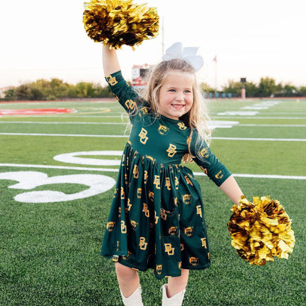 Baylor Green Bear 3/4 Sleeve Pocket Twirl Dress
