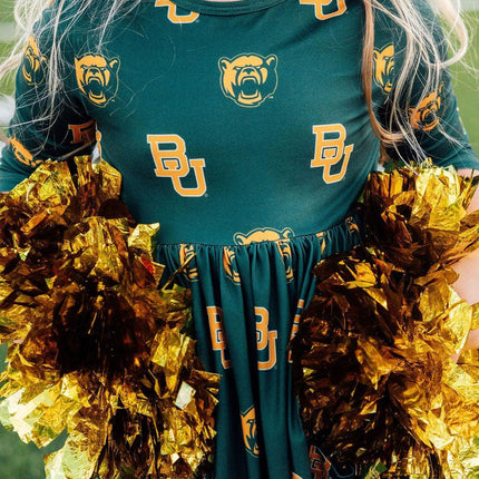 Baylor Green Bear 3/4 Sleeve Pocket Twirl Dress