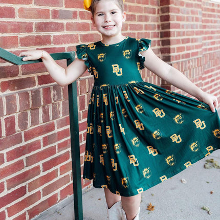 Baylor Green Bear Flutter Twirl Dress