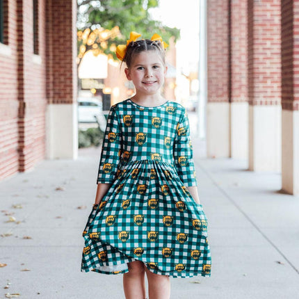 Baylor Plaid Bear 3/4 Sleeve Pocket Twirl Dress