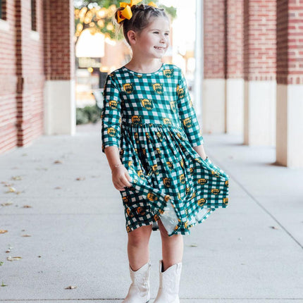 Baylor Plaid Bear 3/4 Sleeve Pocket Twirl Dress