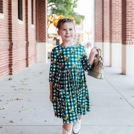 Baylor Plaid Bear 3/4 Sleeve Pocket Twirl Dress