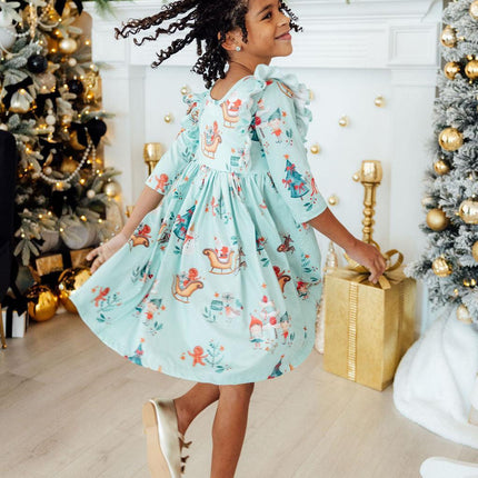 Believe in Your Elf 3/4 Sleeve Ruffle Twirl Dress