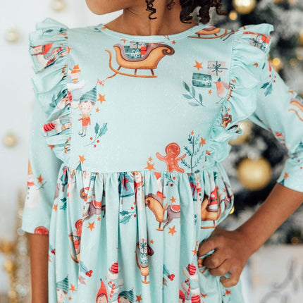 Believe in Your Elf 3/4 Sleeve Ruffle Twirl Dress