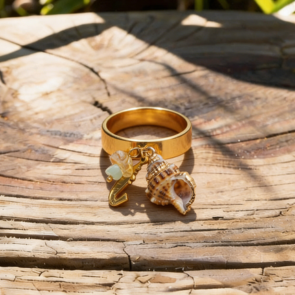 Bohemian Starfish & Shell Pendant Ring