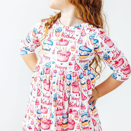 Birthday Girl 3/4 Sleeve Pocket Twirl Dress