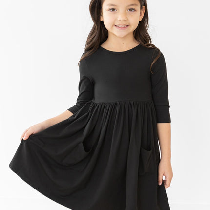 Black 3/4 Sleeve Pocket Twirl Dress