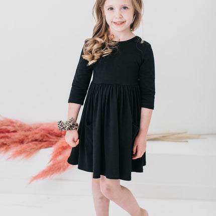 Black 3/4 Sleeve Pocket Twirl Dress