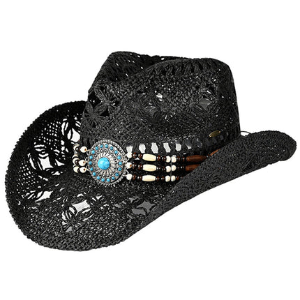 C.C Women's Western Wooden Bead Band Tea-Stain Cowboy Hat