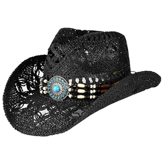 C.C Women's Western Wooden Bead Band Tea-Stain Cowboy Hat