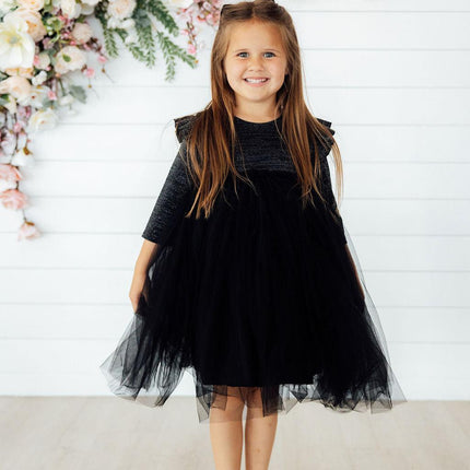 Black Shimmer 3/4 Sleeve Tutu Dress