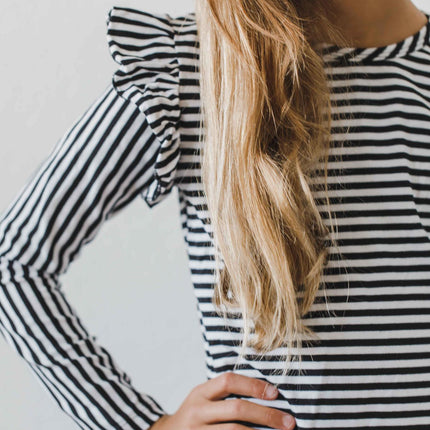 Black & White Stripe L/S Ruffle Tee