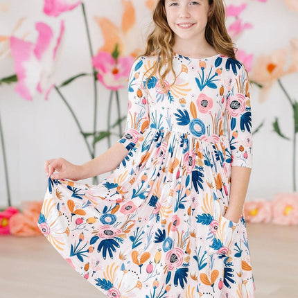 Blush Peony 3/4 Sleeve Pocket Twirl Dress