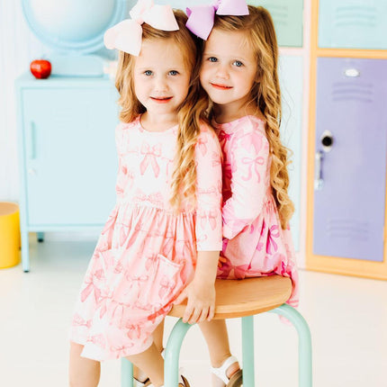 Blushing Bows 3/4 Sleeve Pocket Twirl Dress