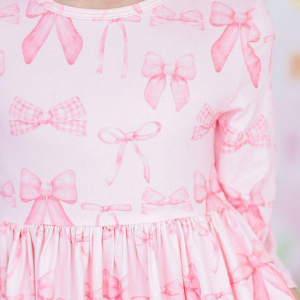 Blushing Bows 3/4 Sleeve Pocket Twirl Dress