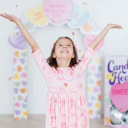 Blushing Bows 3/4 Sleeve Pocket Twirl Dress