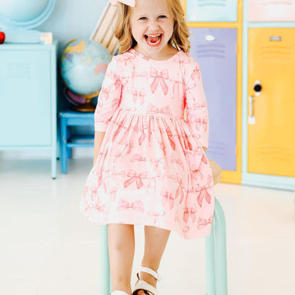 Blushing Bows 3/4 Sleeve Pocket Twirl Dress