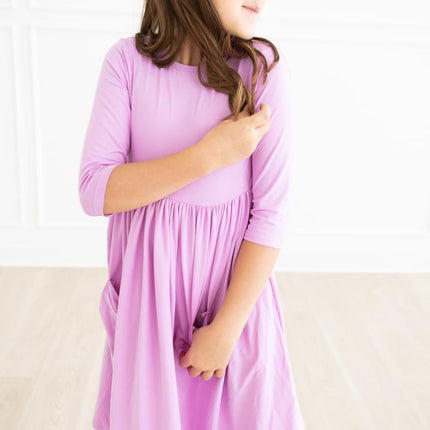 Bright Lilac 3/4 Sleeve Pocket Twirl Dress