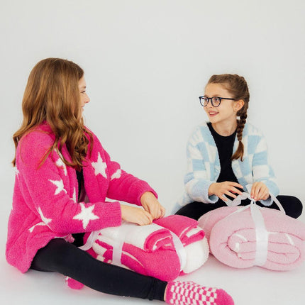 Bright Pink Checker Bow Cozy Blanket