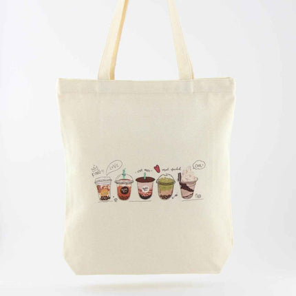 Bubble Tea Tote Bag – Cream Canvas with Enamel Pin & Keychain