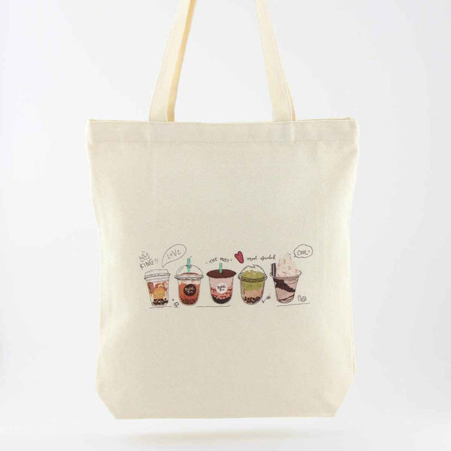 Bubble Tea Tote Bag – Cream Canvas with Enamel Pin & Keychain