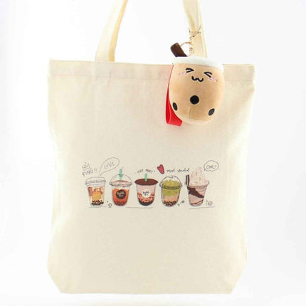 Bubble Tea Tote Bag – Cream Canvas with Enamel Pin & Keychain