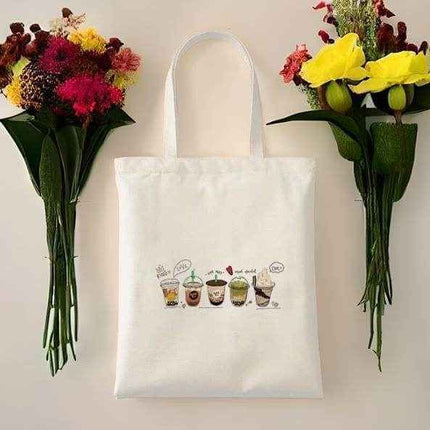 Bubble Tea Tote Bag – Cream Canvas with Enamel Pin & Keychain