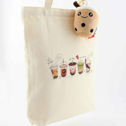 Bubble Tea Tote Bag – Cream Canvas with Enamel Pin & Keychain