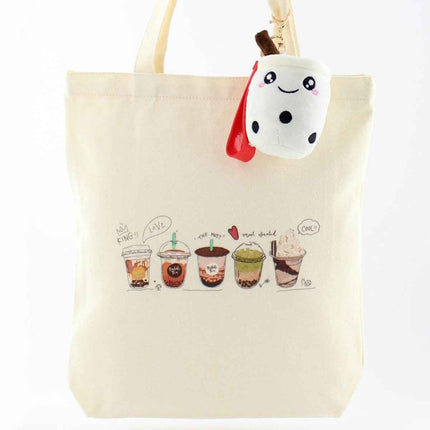 Bubble Tea Tote Bag – Cream Canvas with Enamel Pin & Keychain