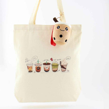Bubble Tea Tote Bag – Cream Canvas with Enamel Pin & Keychain