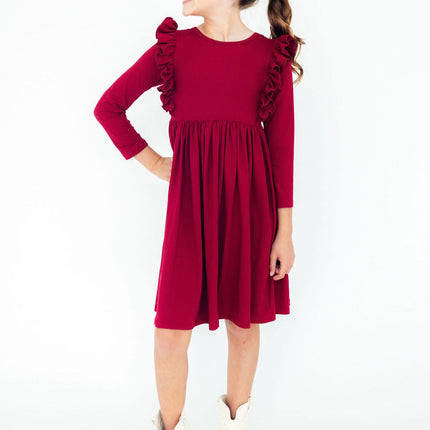 Burgundy L/S Ruffle Twirl Dress