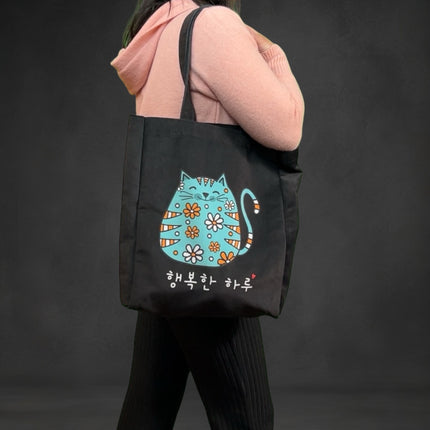KPOP Cartoon Cat Tote – Korean Flannel Bag with Zipper Pocket