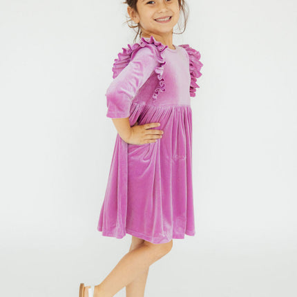 Carnation Pink Velvet Ruffle Twirl Dress