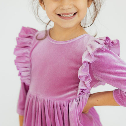 Carnation Pink Velvet Ruffle Twirl Dress